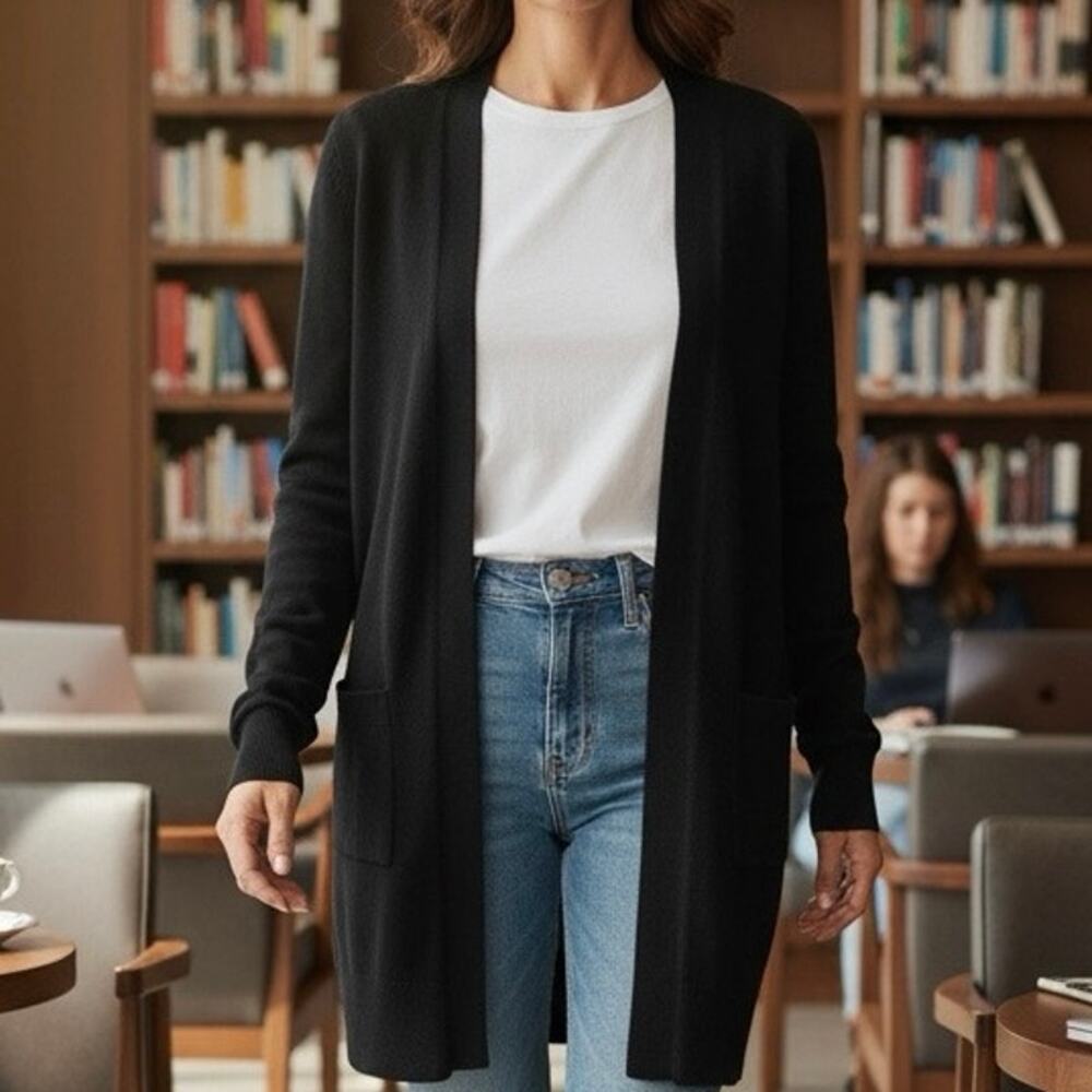 M Magaschoni Black Cardigan Long Open Front Button Accents Pockets Size XL